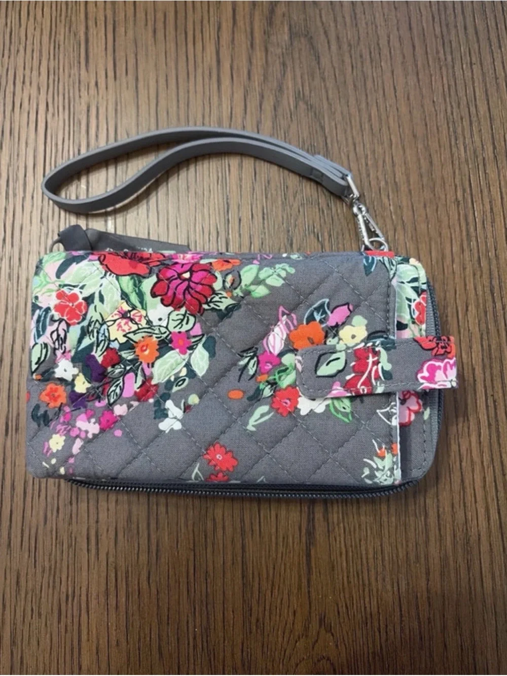 Vera Bradley Gray Floral Wristlet ID Case with Pink & Red Accents
